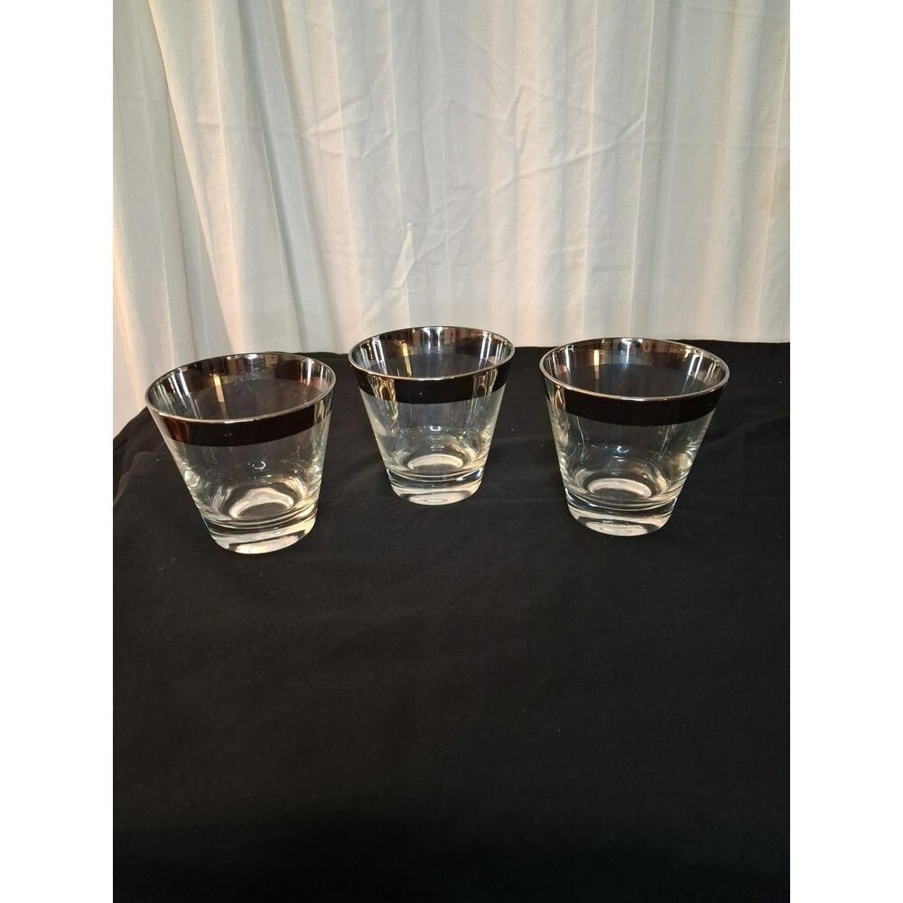 Vintage Wide Silver Rim Dorothy Thorpe Whiskey Low Ball Glasses 8oz - Set of 3